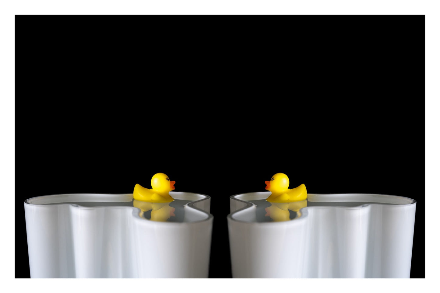 Two toy rubber ducks floating in an Alvar Aalto vase, facing each other in a soft, contemplative composition.